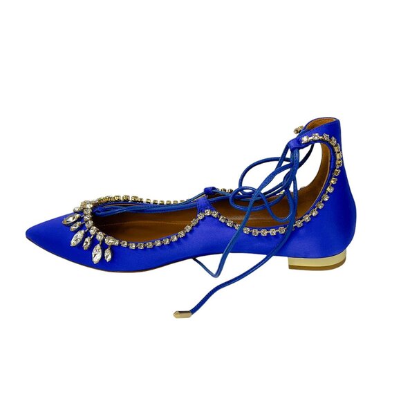 Aquazzura Royal Blue Crystal Embellished Satin Christy Jewel Flat - Picture 3 of 8